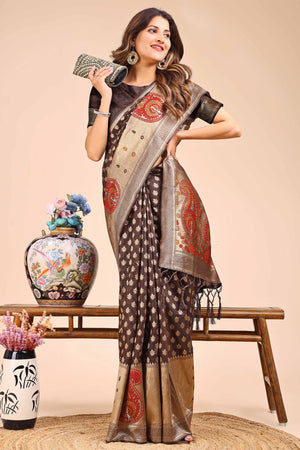 Brown Zari Butti Weaving Linen Cotton Saree