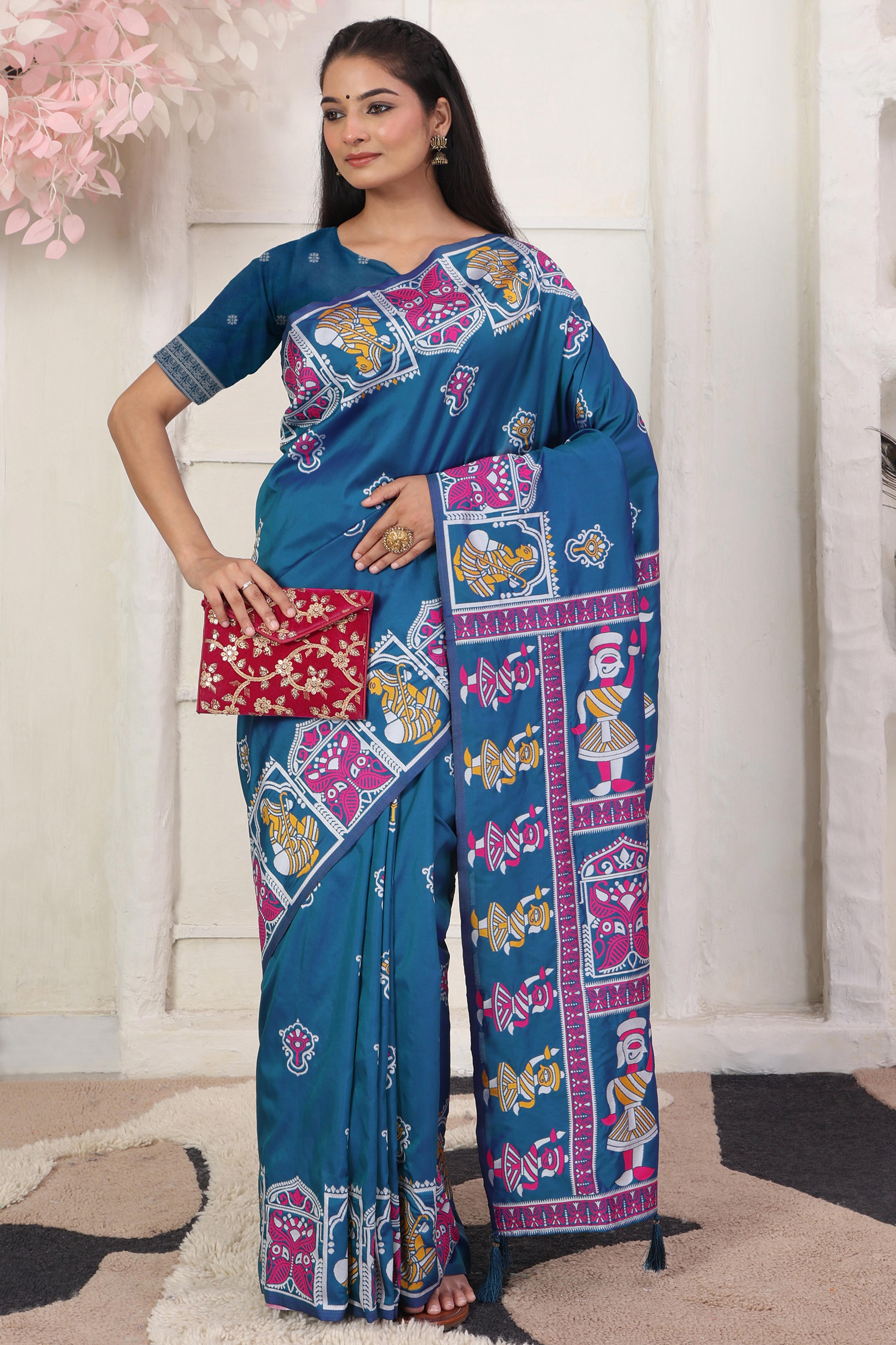 Teal Blue Ethnic Madhubani Print Silk Blend Saree Enhanced With Tassel Pallu Accents