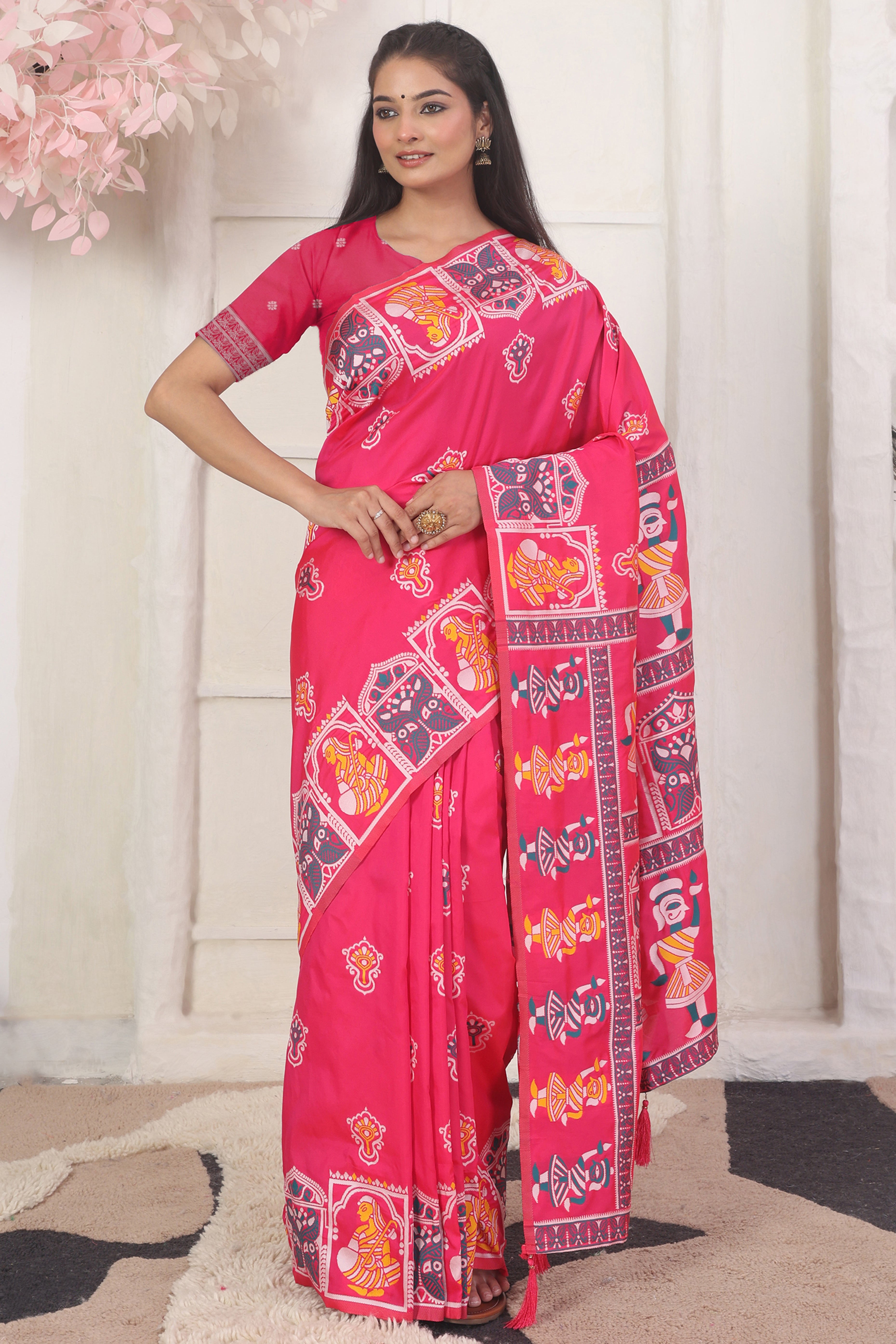 Pink Ethnic Madhubani Print Silk Blend Saree Enhanced With Tassel Pallu Accents