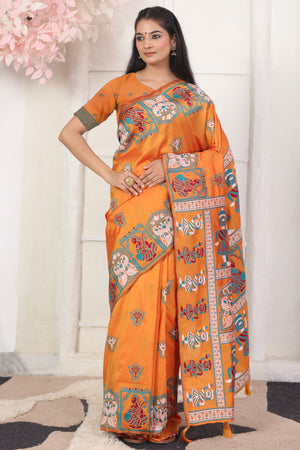 Orange Ethnic Madhubani Print Silk Blend Saree Enhanced With Tassel Pallu Accents