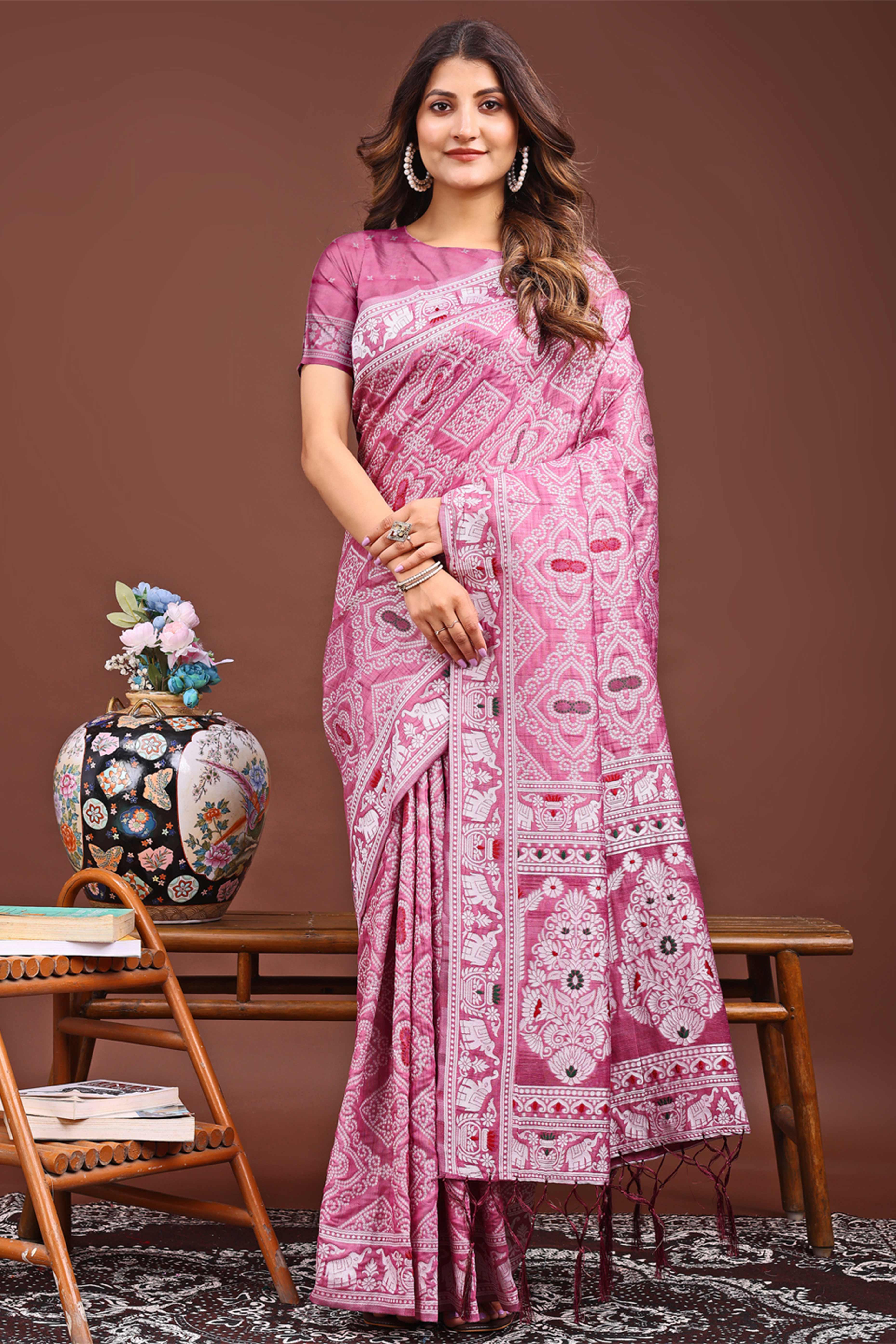Traditional Bandhani Inspired Woven Pink Saree in Breathable Linen Cotton