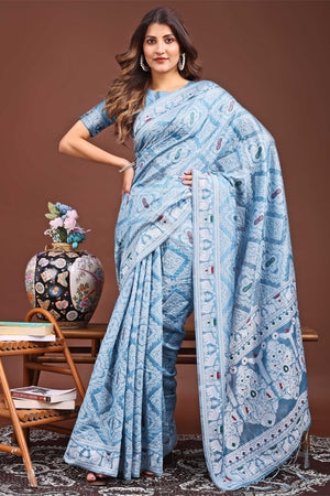 Traditional Bandhani Inspired Woven Sky Blue Saree in Breathable Linen Cotton