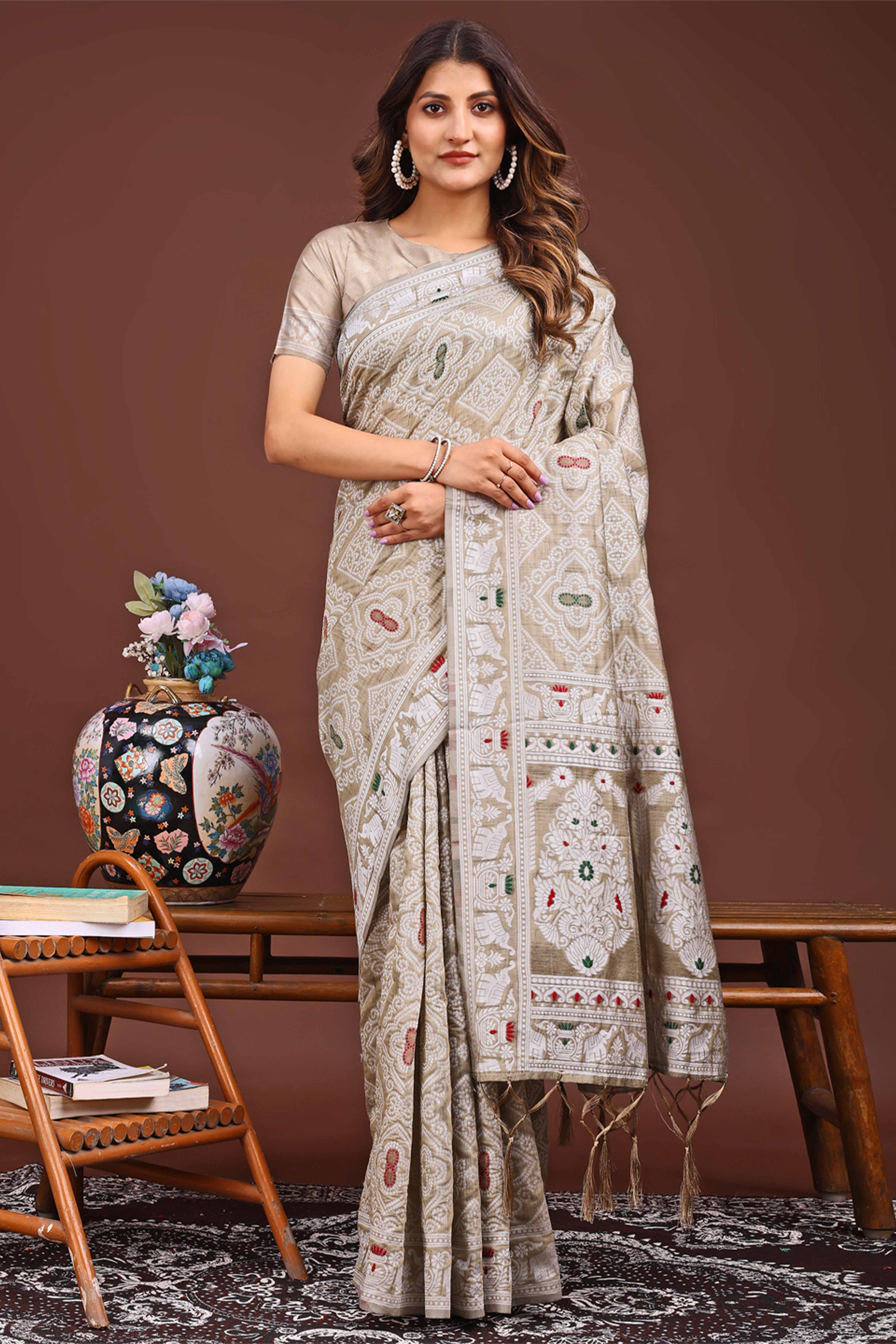 Traditional Bandhani Inspired Woven Beige Saree in Breathable Linen Cotton
