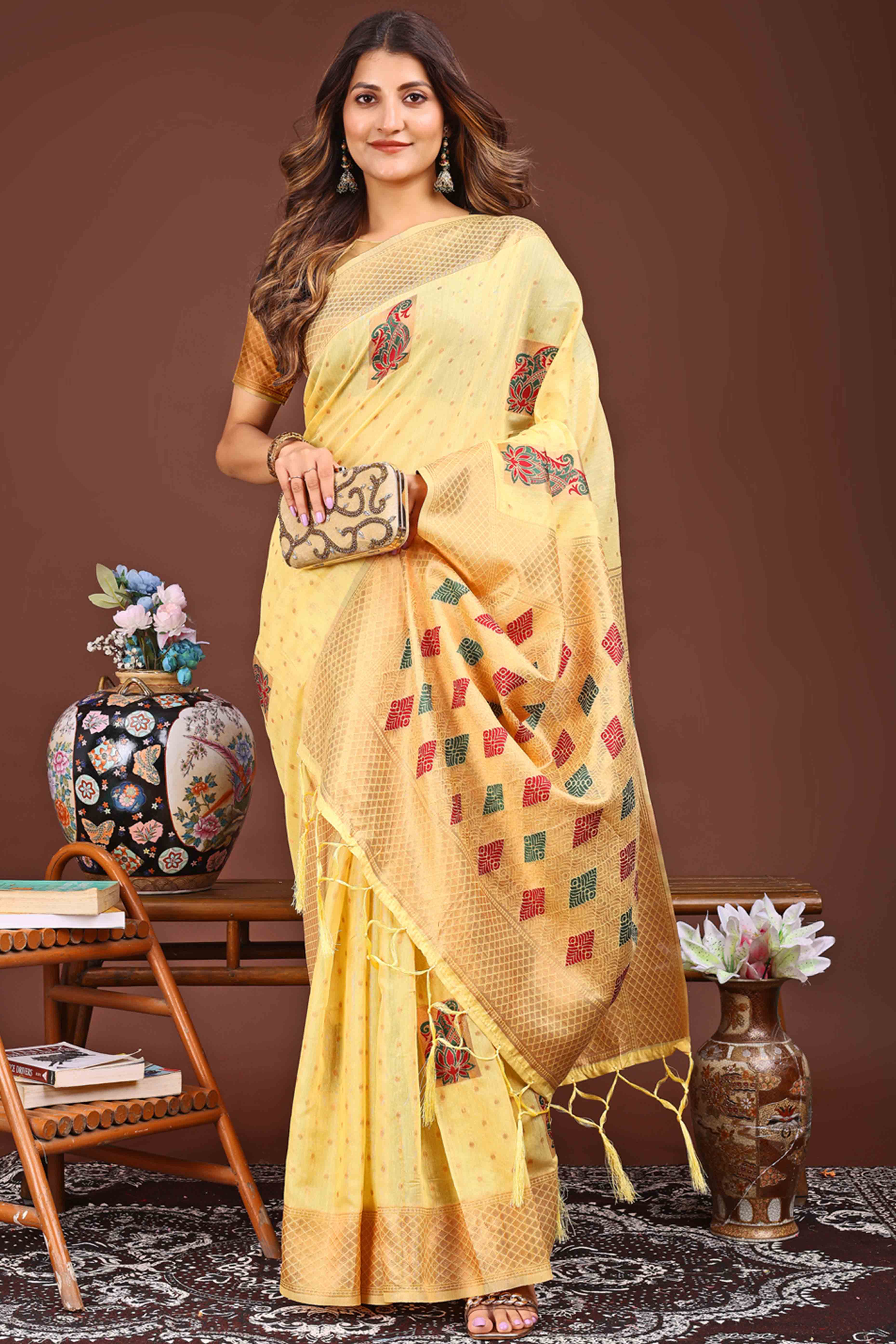Yellow Floral Zari Weaving Linen Cotton Saree With Tassel Pallu Accent