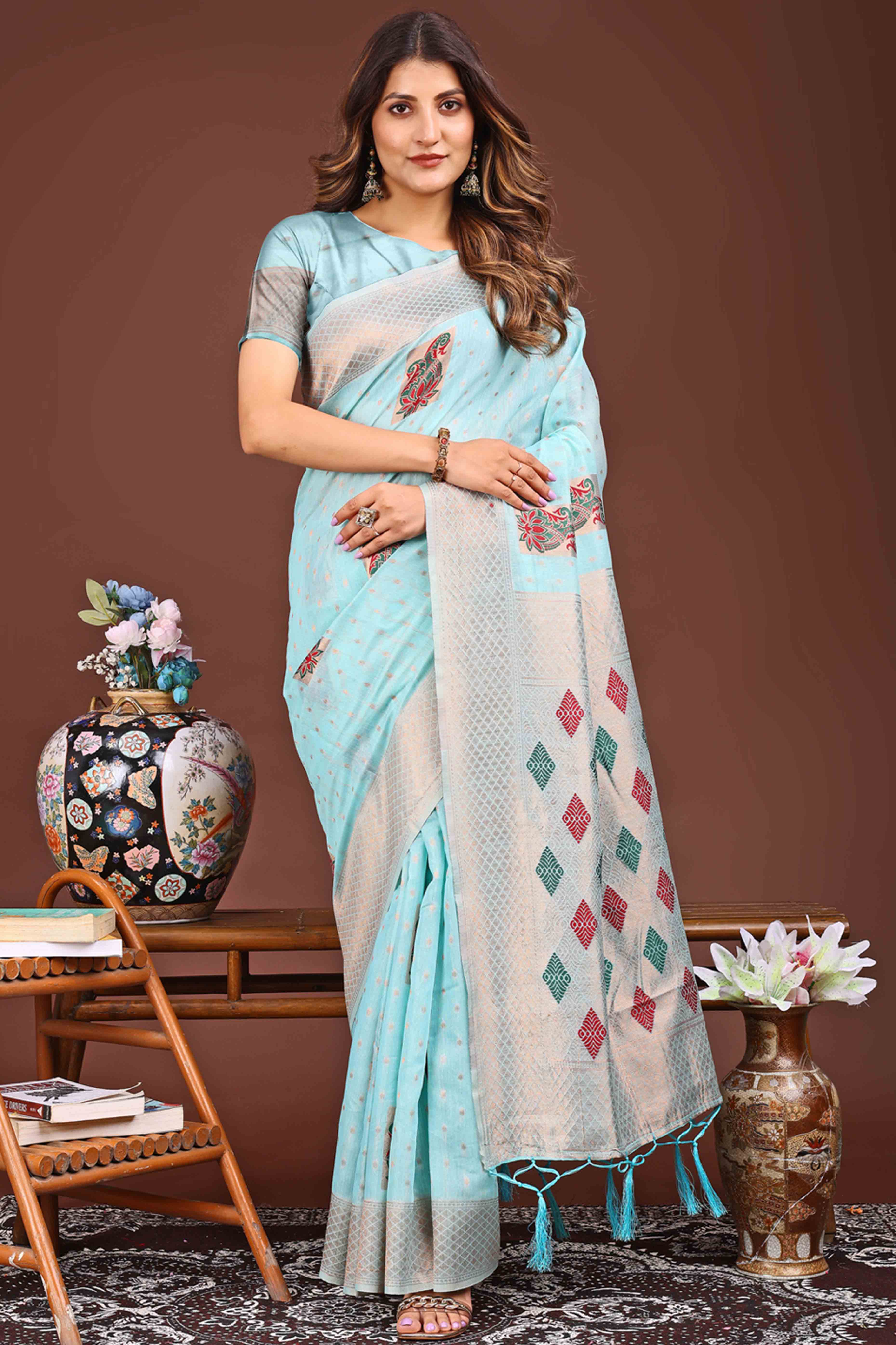 Sky Blue Floral Zari Weaving Linen Cotton Saree With Tassel Pallu Accent