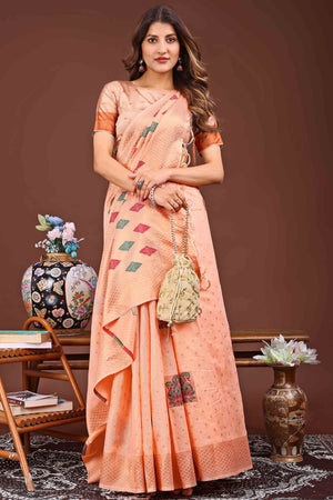 Light Orange Floral Zari Weaving Linen Cotton Saree With Tassel Pallu Accent