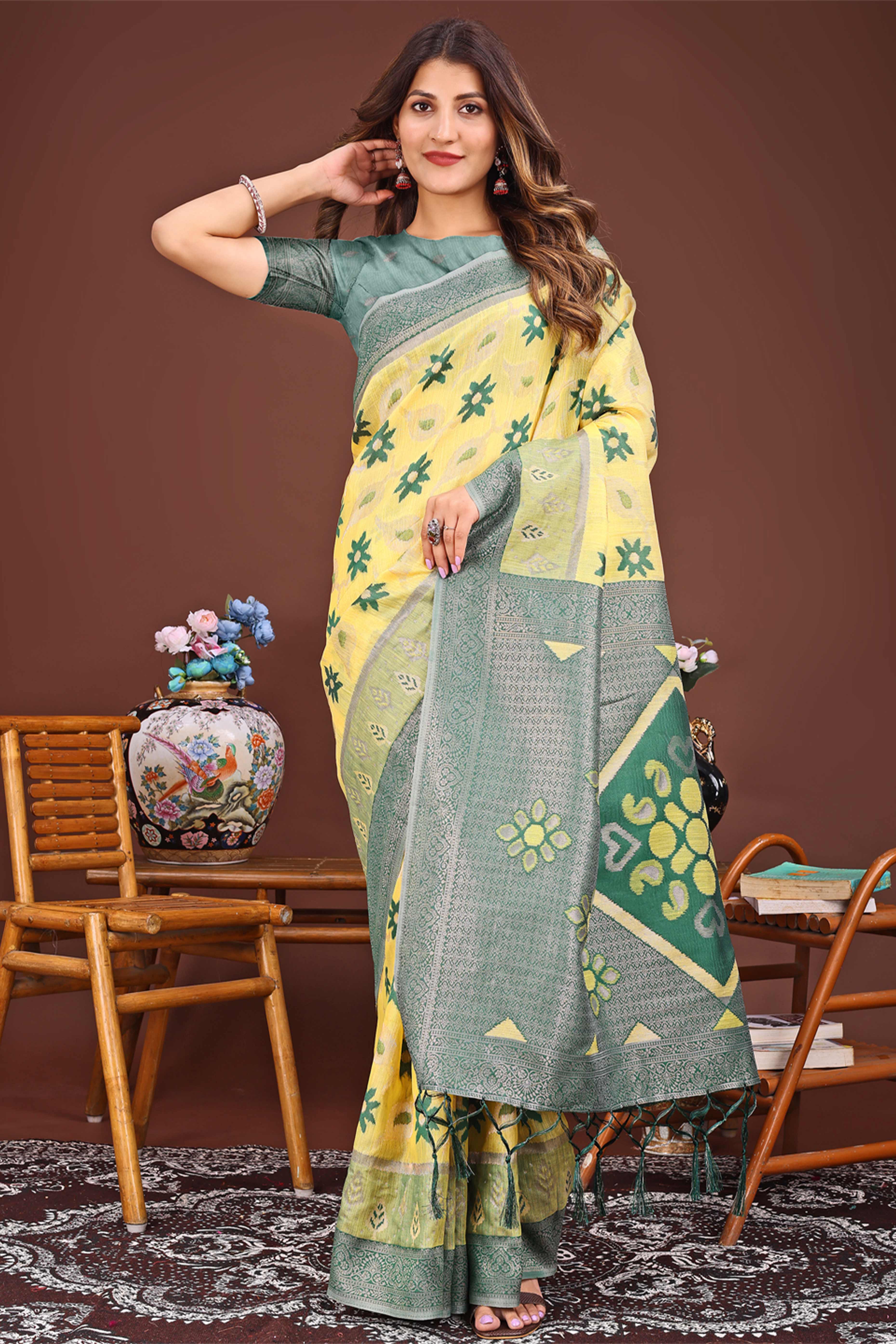 Yellow Ethnic Saree in Linen Cotton Fabric with Intricate Floral Pattern Weaving