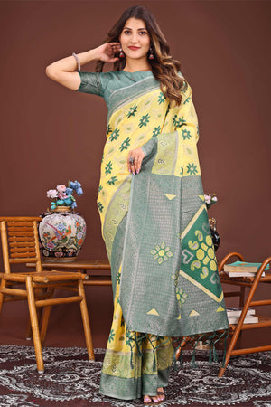 Yellow Ethnic Saree in Linen Cotton Fabric with Intricate Floral Pattern Weaving