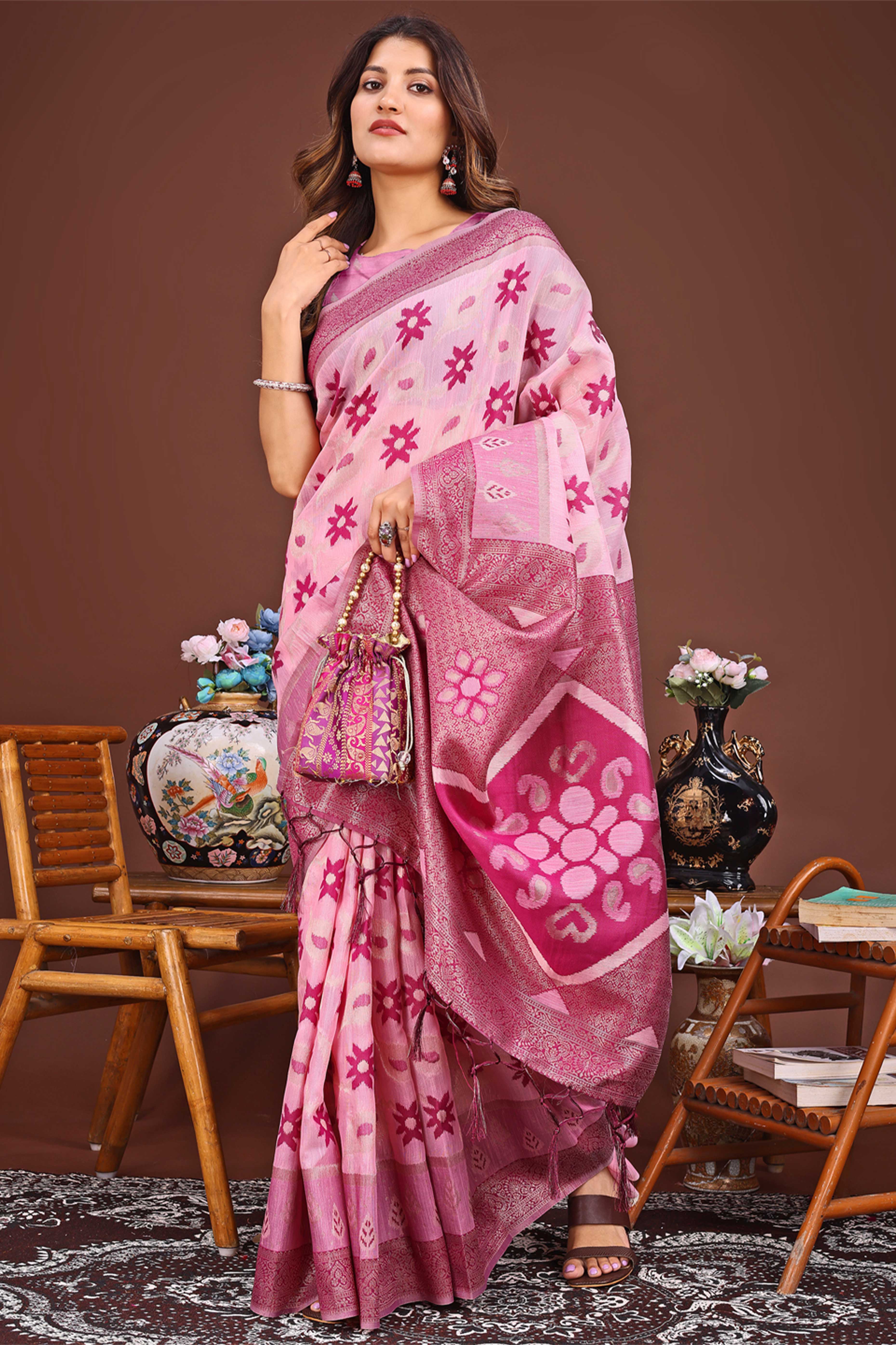 Pink Ethnic Saree in Linen Cotton Fabric with Intricate Floral Pattern Weaving