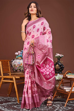 Pink Ethnic Saree in Linen Cotton Fabric with Intricate Floral Pattern Weaving