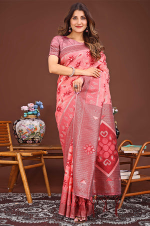 Peach Ethnic Saree in Linen Cotton Fabric with Intricate Floral Pattern Weaving