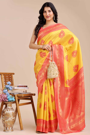 Yellow & Red Saree in Pure Banarasi Silk with Intricate Zari Borders and Motifs