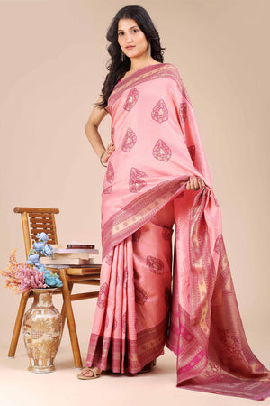 Light Pink & Magenta Saree in Pure Banarasi Silk with Intricate Zari Borders and Motifs