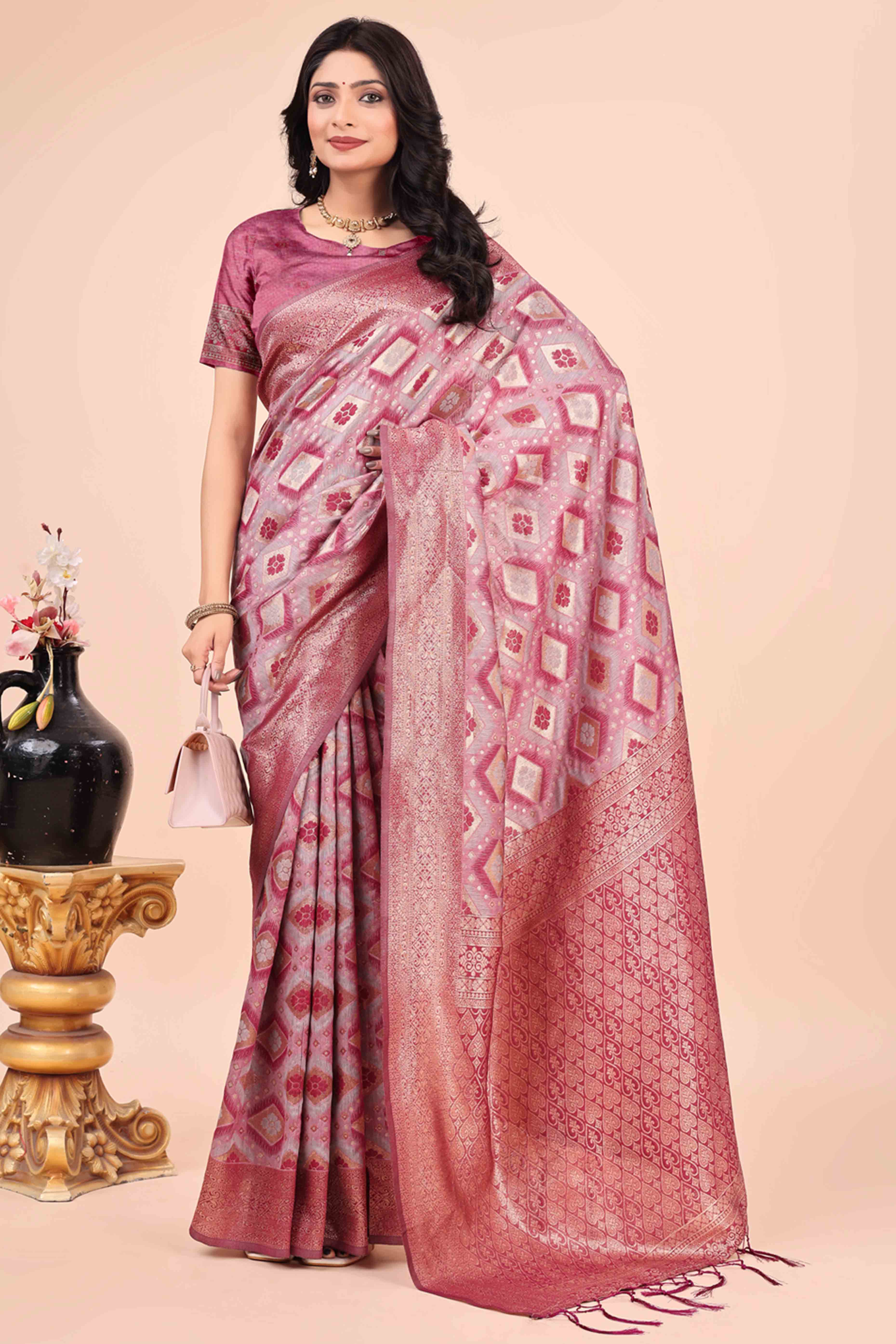 Floral Weaving On Pink Cotton Blend Saree With Tassels