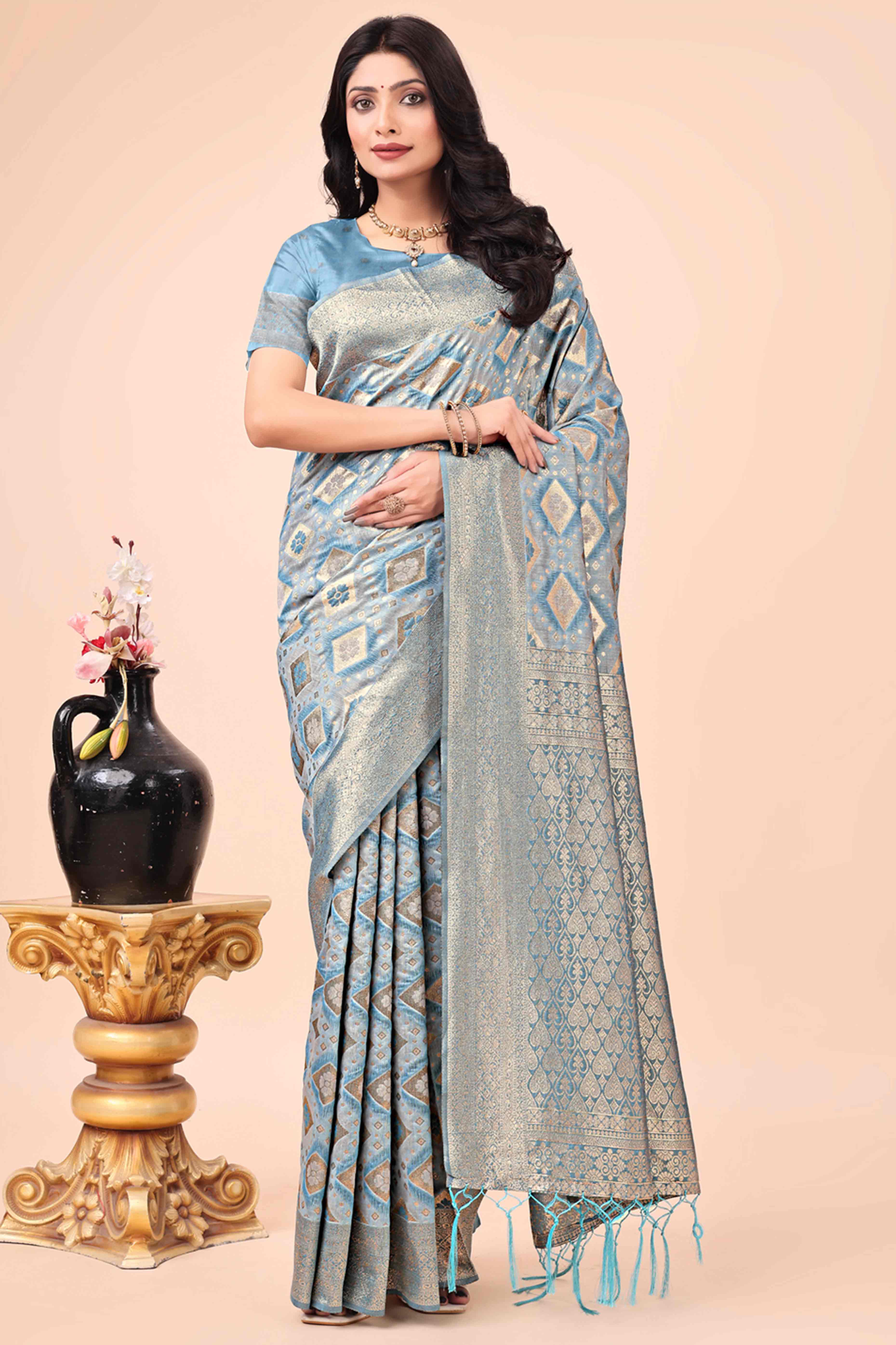 Floral Weaving On Bluish Grey Cotton Blend Saree With Tassels