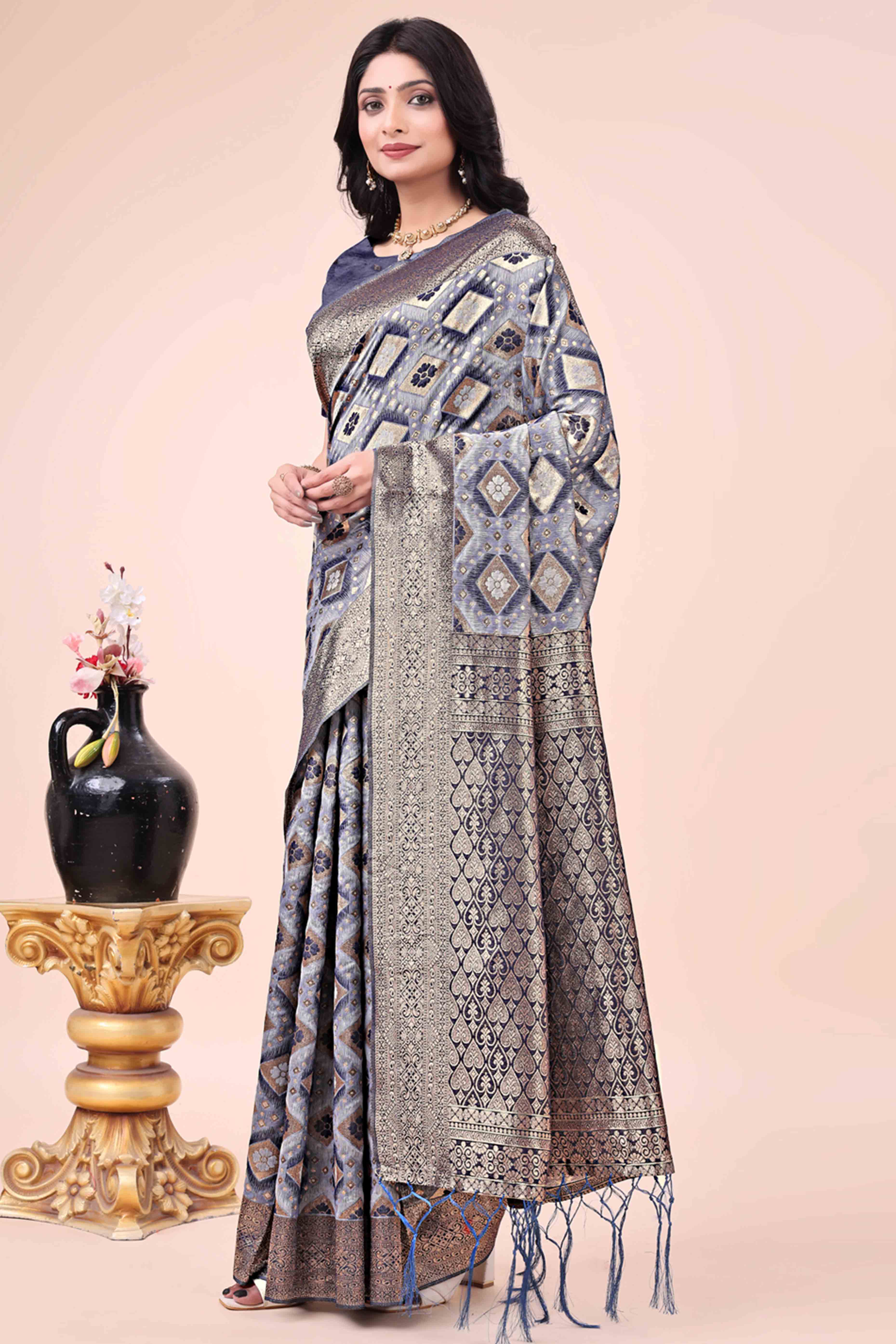 Floral Weaving On Navy Blue Cotton Blend Saree With Tassels