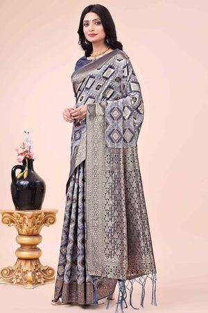 Floral Weaving On Navy Blue Cotton Blend Saree With Tassels