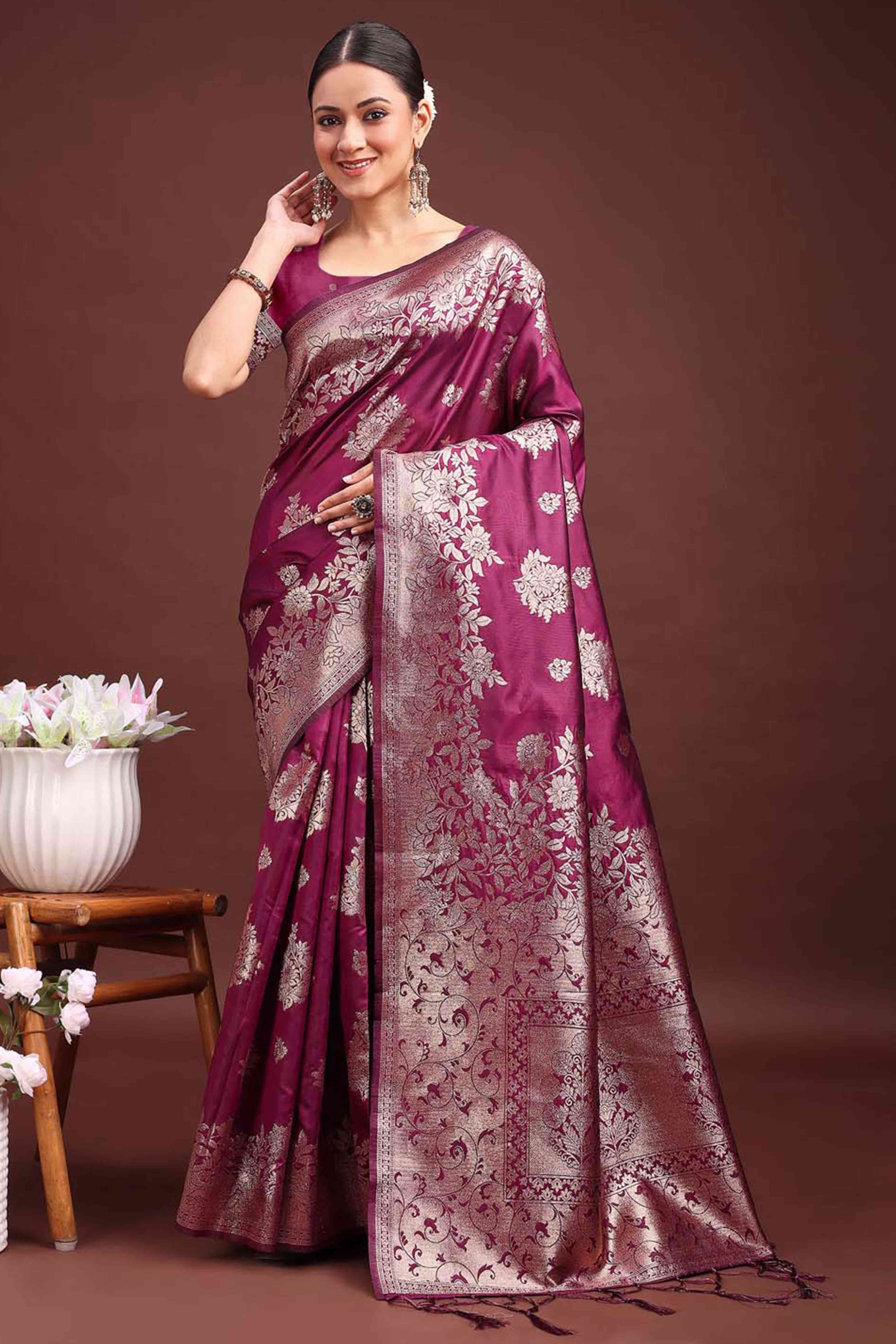 Wine Banarasi Silk Saree With Floral Zari Weaving & Elegant Tassels