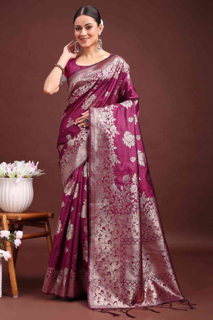 Wine Banarasi Silk Saree With Floral Zari Weaving & Elegant Tassels