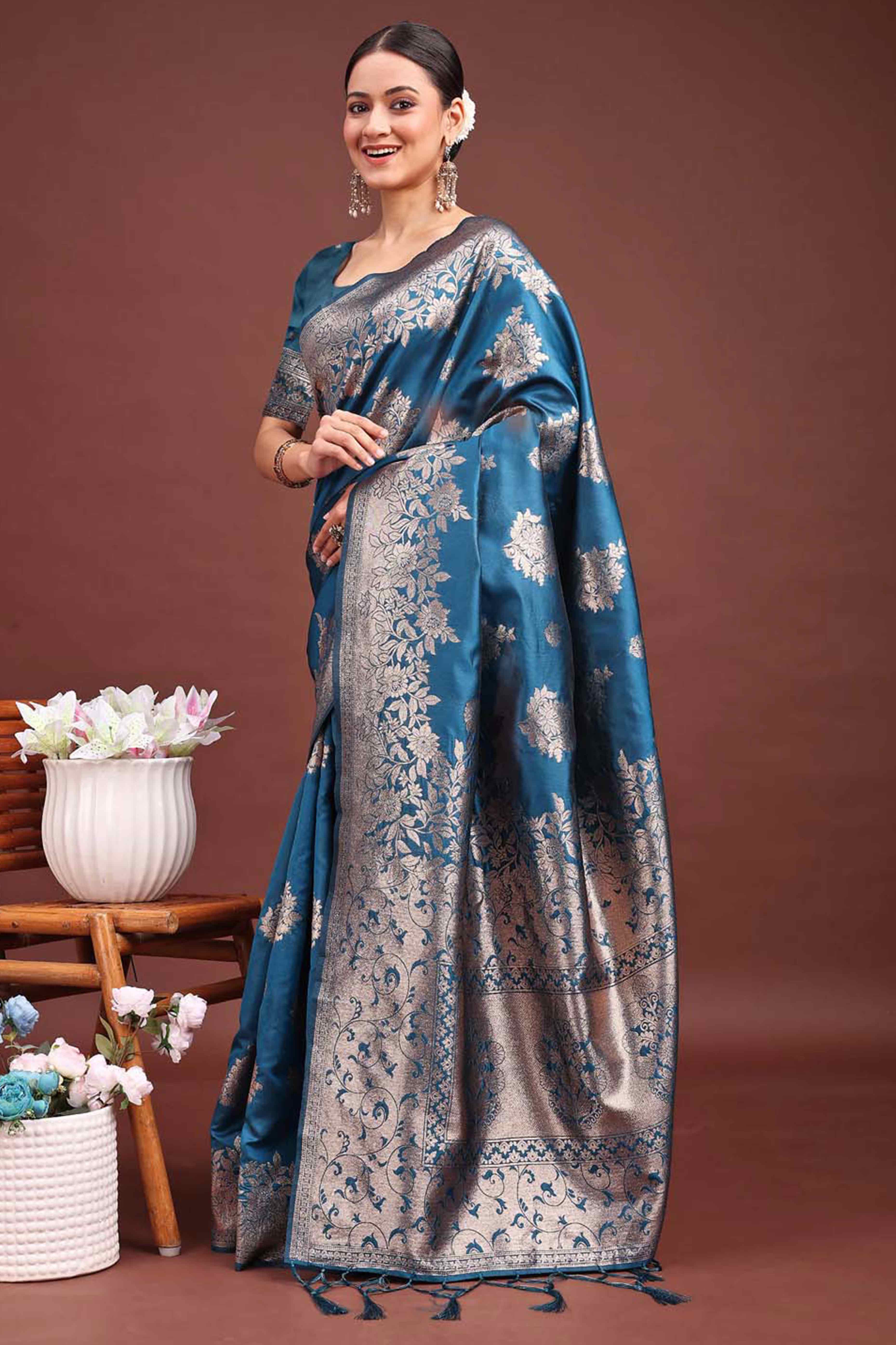 Deep Teal Blue Banarasi Silk Saree With Floral Zari Weaving & Elegant Tassels