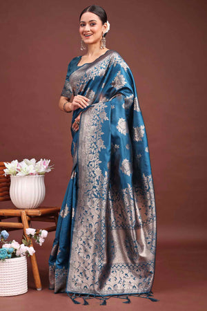 Deep Teal Blue Banarasi Silk Saree With Floral Zari Weaving & Elegant Tassels