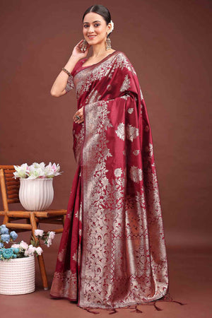 Maroon Banarasi Silk Saree With Floral Zari Weaving & Elegant Tassels