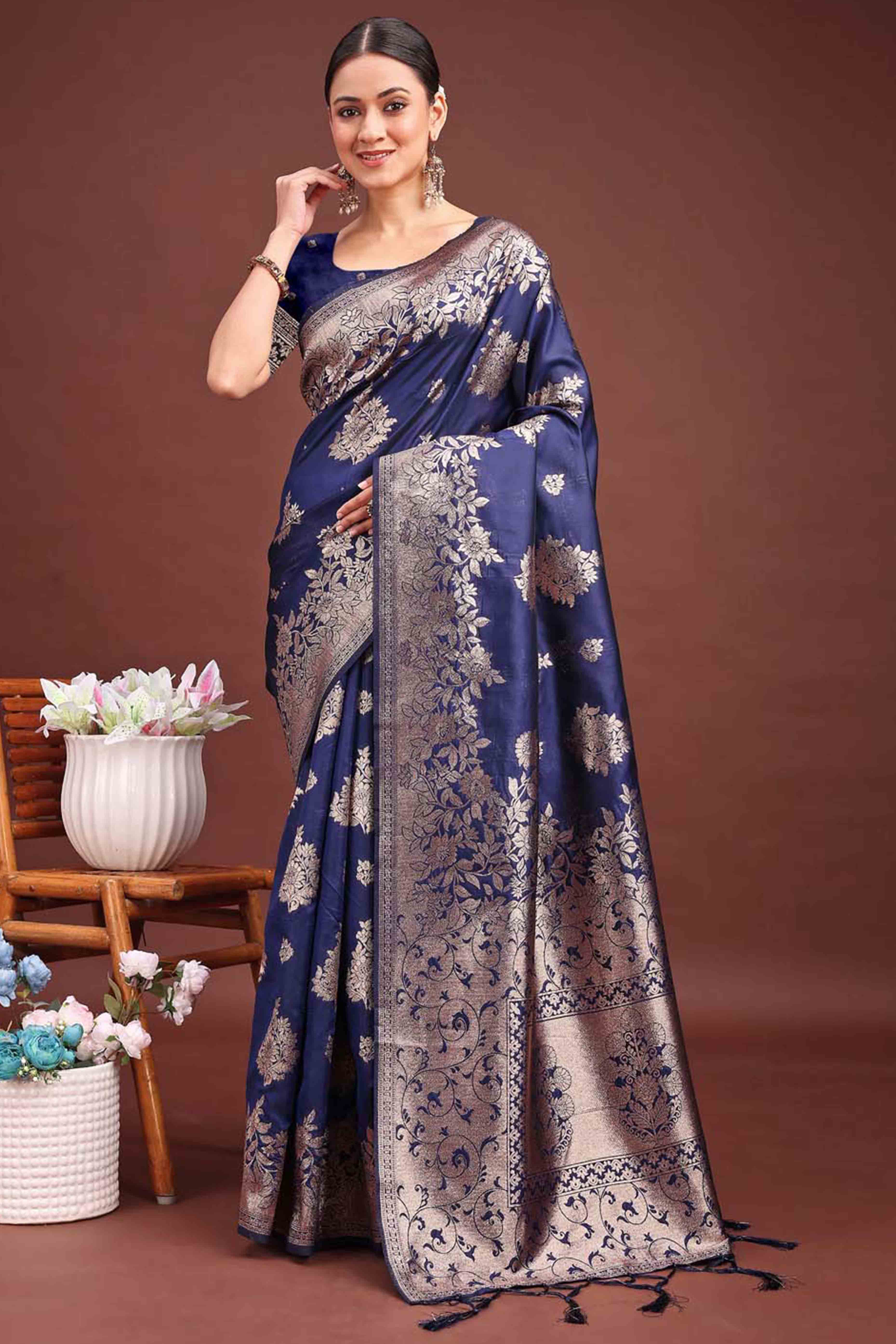 Navy Blue Banarasi Silk Saree With Floral Zari Weaving & Elegant Tassels