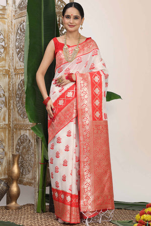 Chic White & Red  Saree In Linen Cotton Flaunting Traditional Zari Weaving And A Tasselled Edge