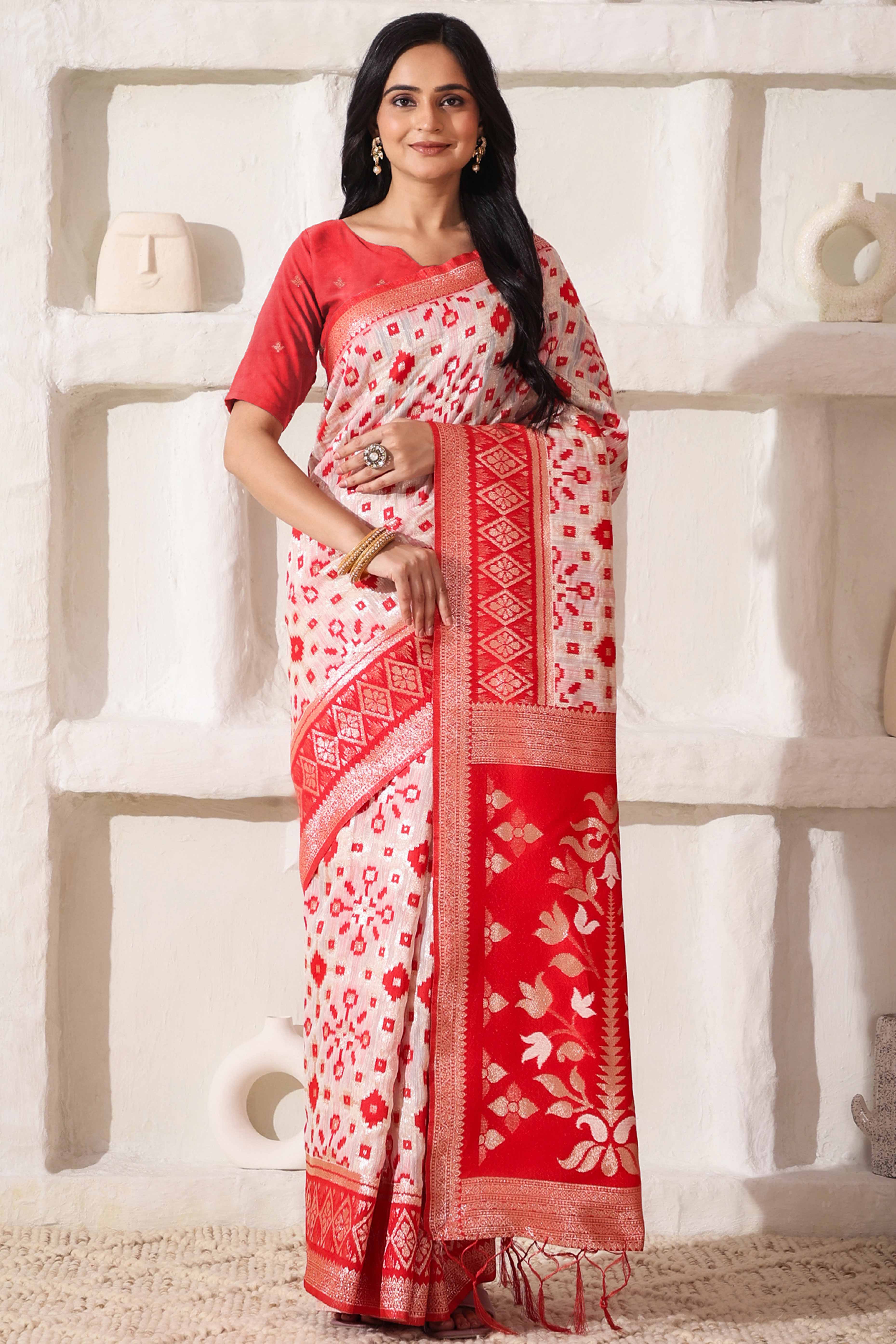 Elegant White & Red Zari Woven Linen Cotton Saree With Graceful Tassel Detailing