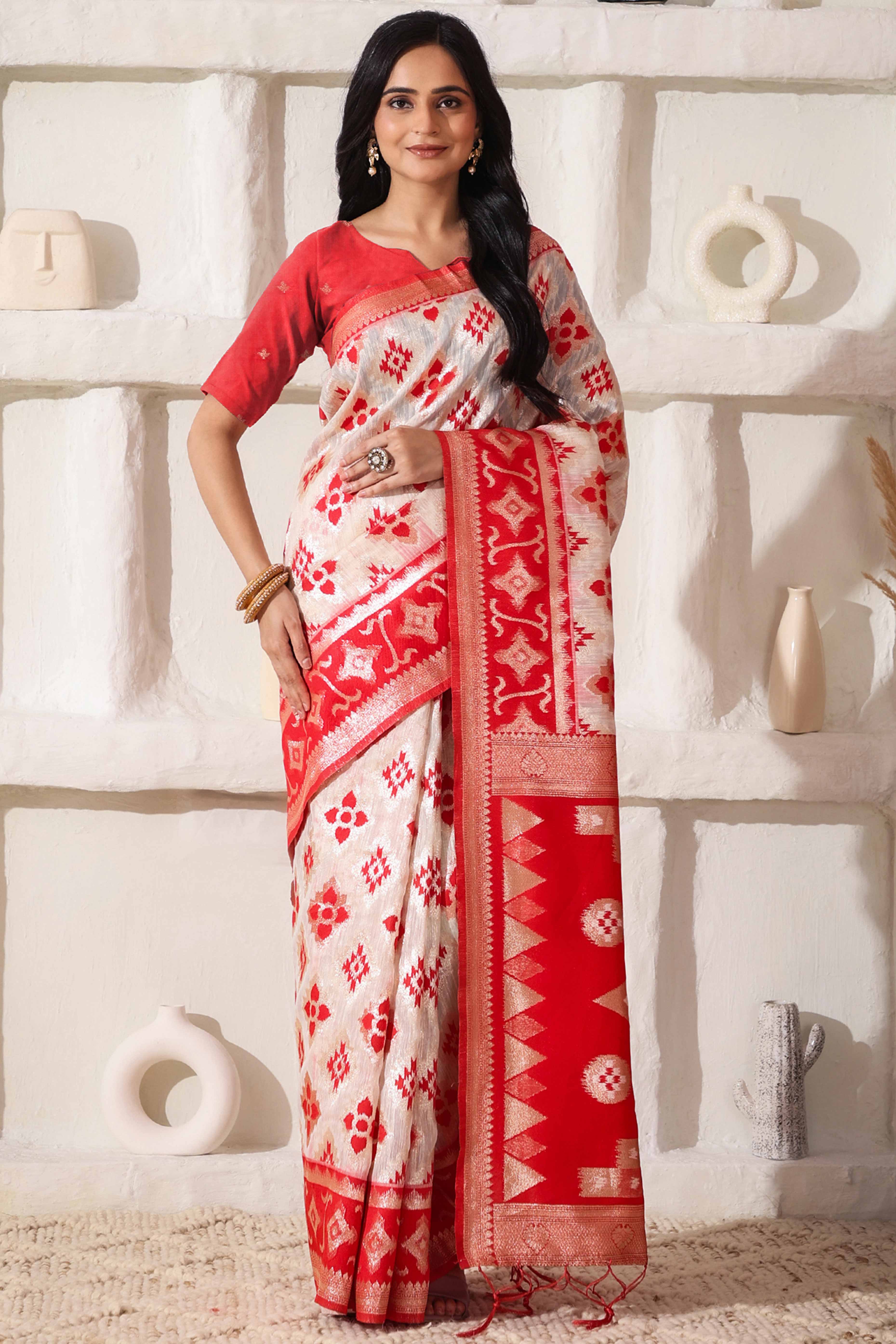 Traditional Zari Weaving On White & Red Linen Cotton Saree With A Charming Tassel Pallu