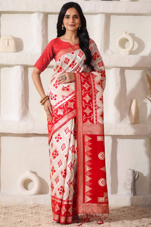 Traditional Zari Weaving On White & Red Linen Cotton Saree With A Charming Tassel Pallu