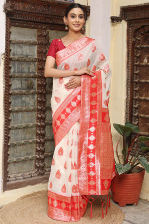 Elegant White Saree in Linen Cotton Fabric Adorned with Red Border and Zari Weaving