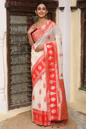 Classic White and Red Linen Cotton Saree with Elegant Zari Weaving