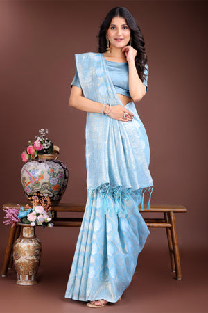 Sky Blue Zari Woven Linen Cotton Saree with Graceful Tassels