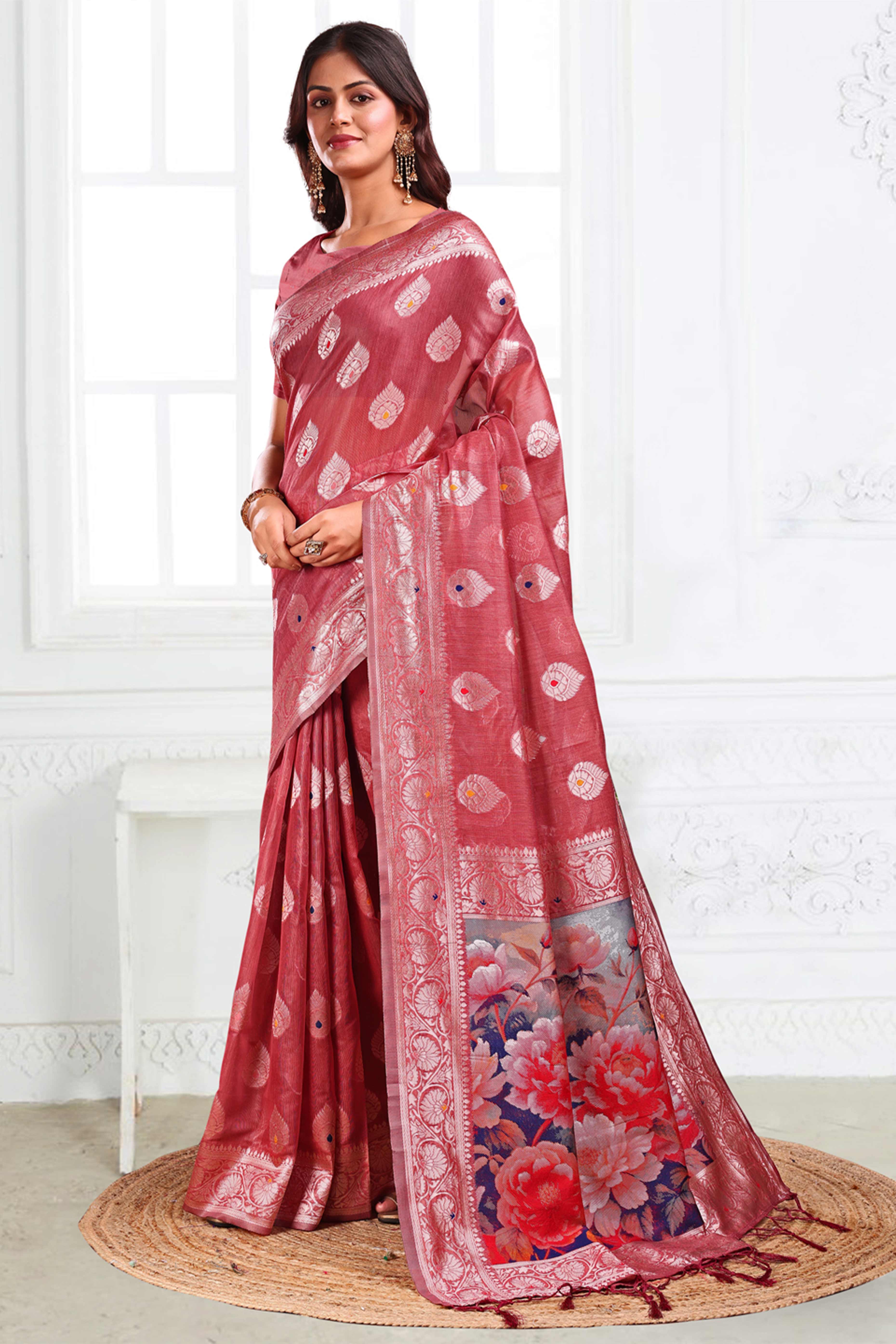 Deep Rose Pink Linen Cotton Silk Saree Adorned With Intricate Floral Zari Weaving & Tassel Pallu