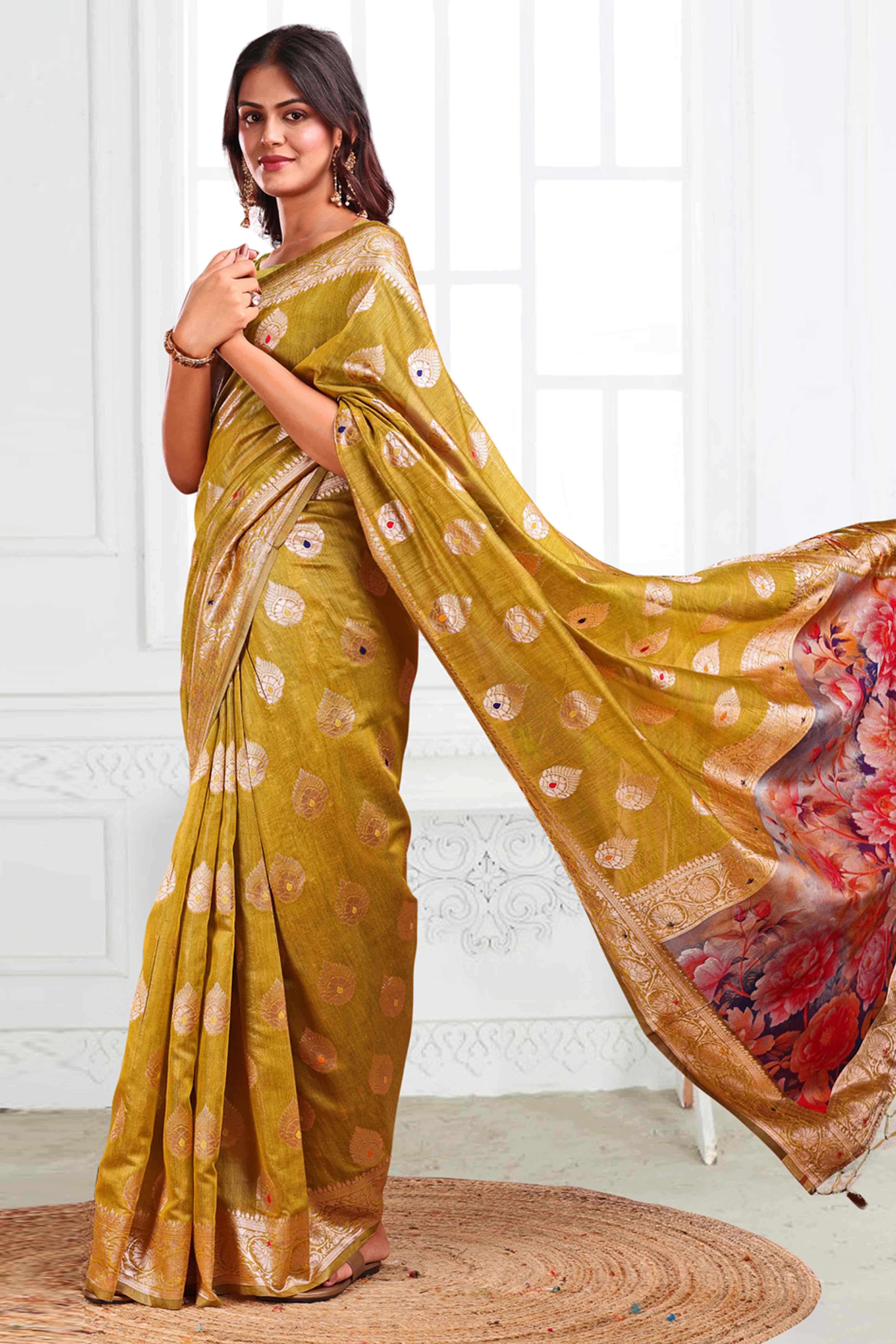 Mehendi Green Linen Cotton Silk Saree Adorned With Intricate Floral Zari Weaving & Tassel Pallu