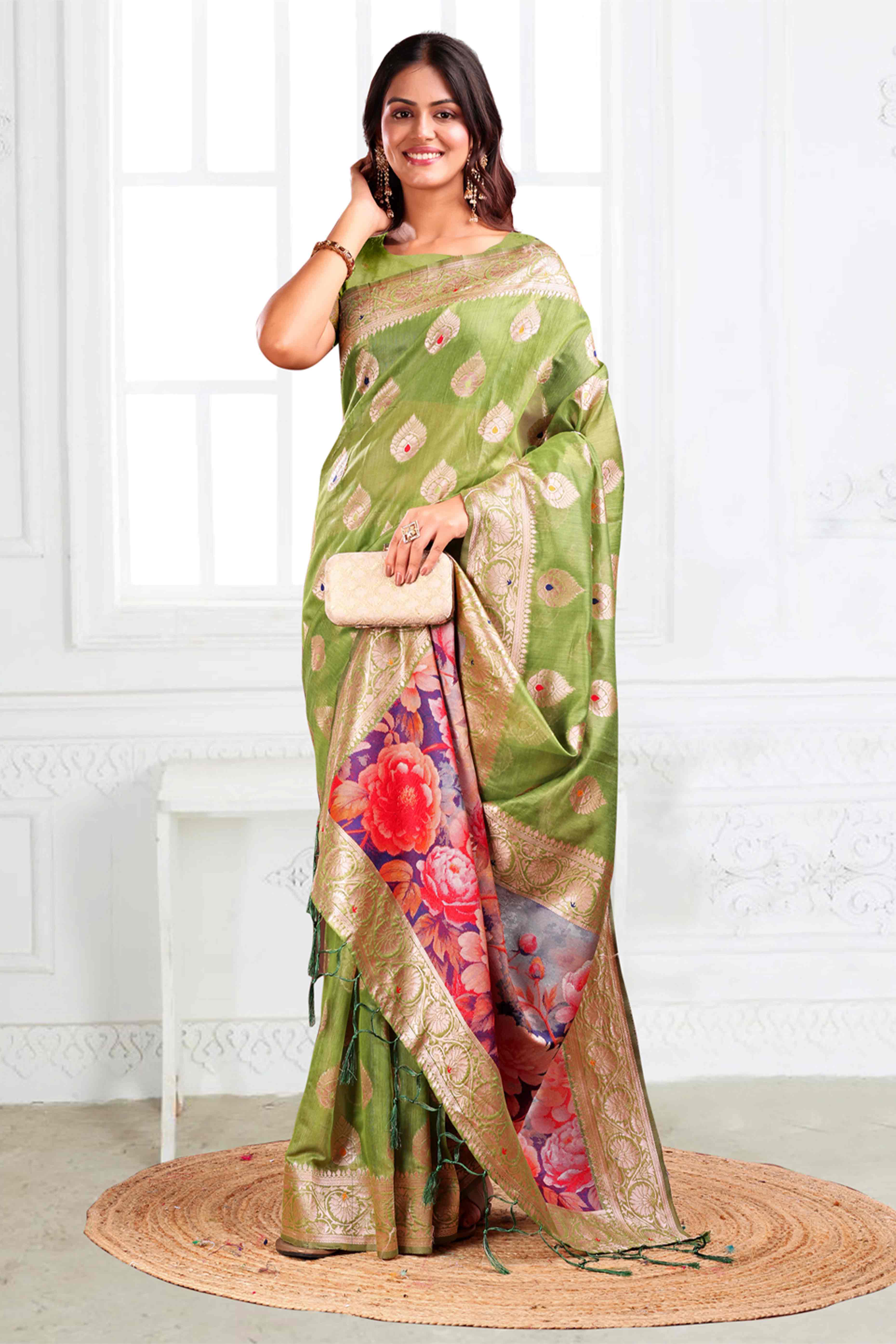 Green Linen Cotton Silk Saree Adorned With Intricate Floral Zari Weaving & Tassel Pallu