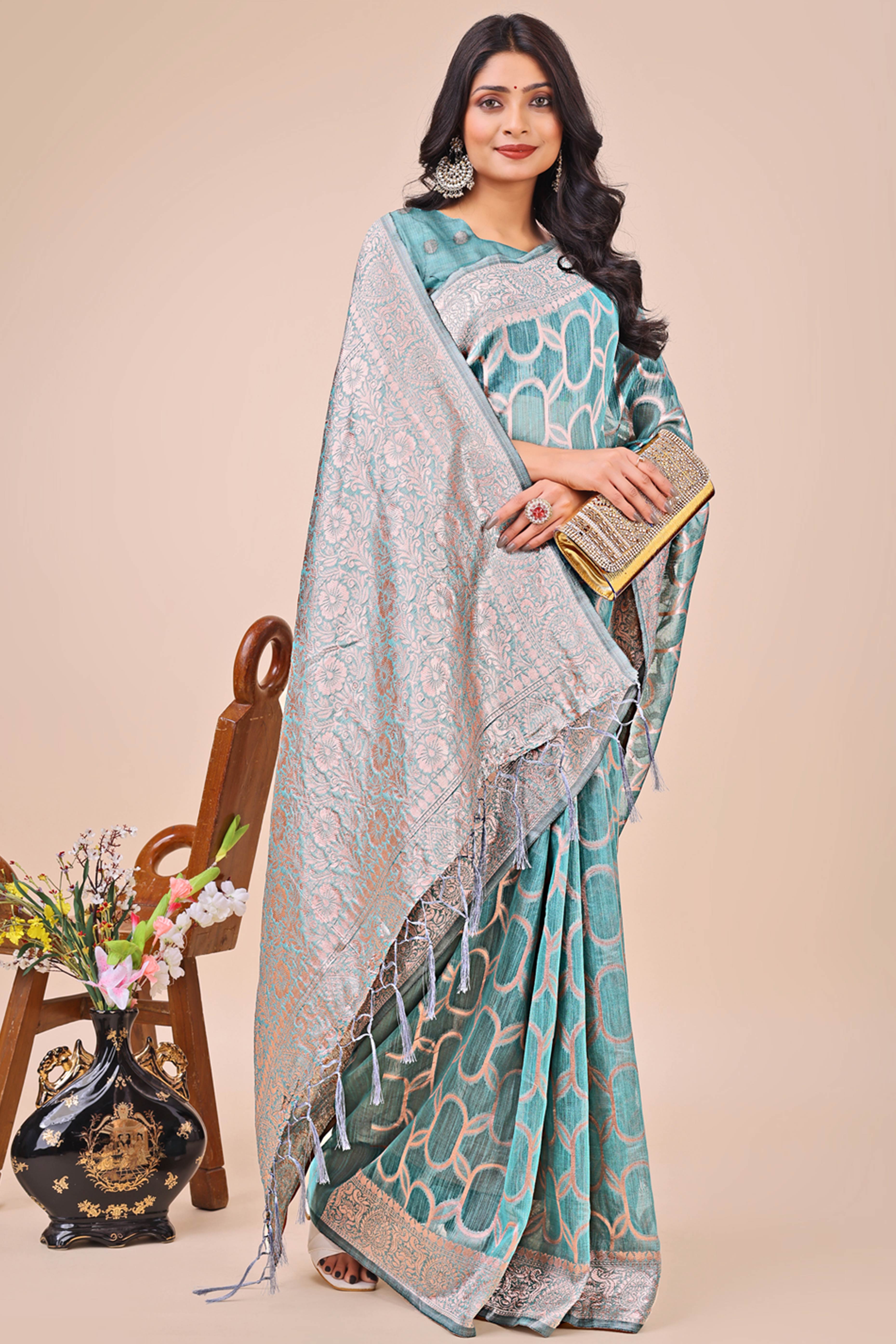 Blue Linen Cotton Saree With Floral Zari Weaving & Delicate Tassel Border
