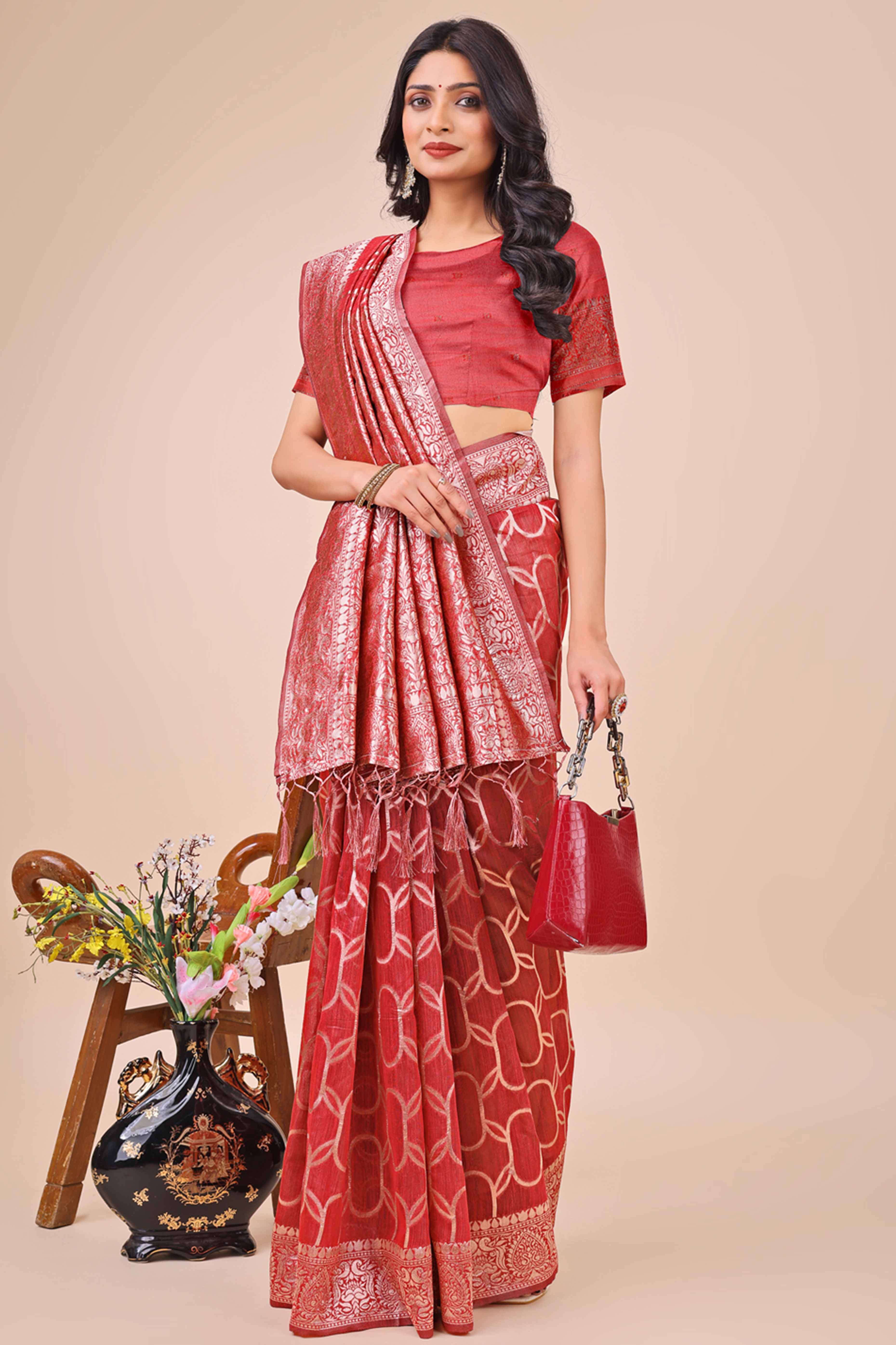 Red Linen Cotton Saree With Floral Zari Weaving & Delicate Tassel Border
