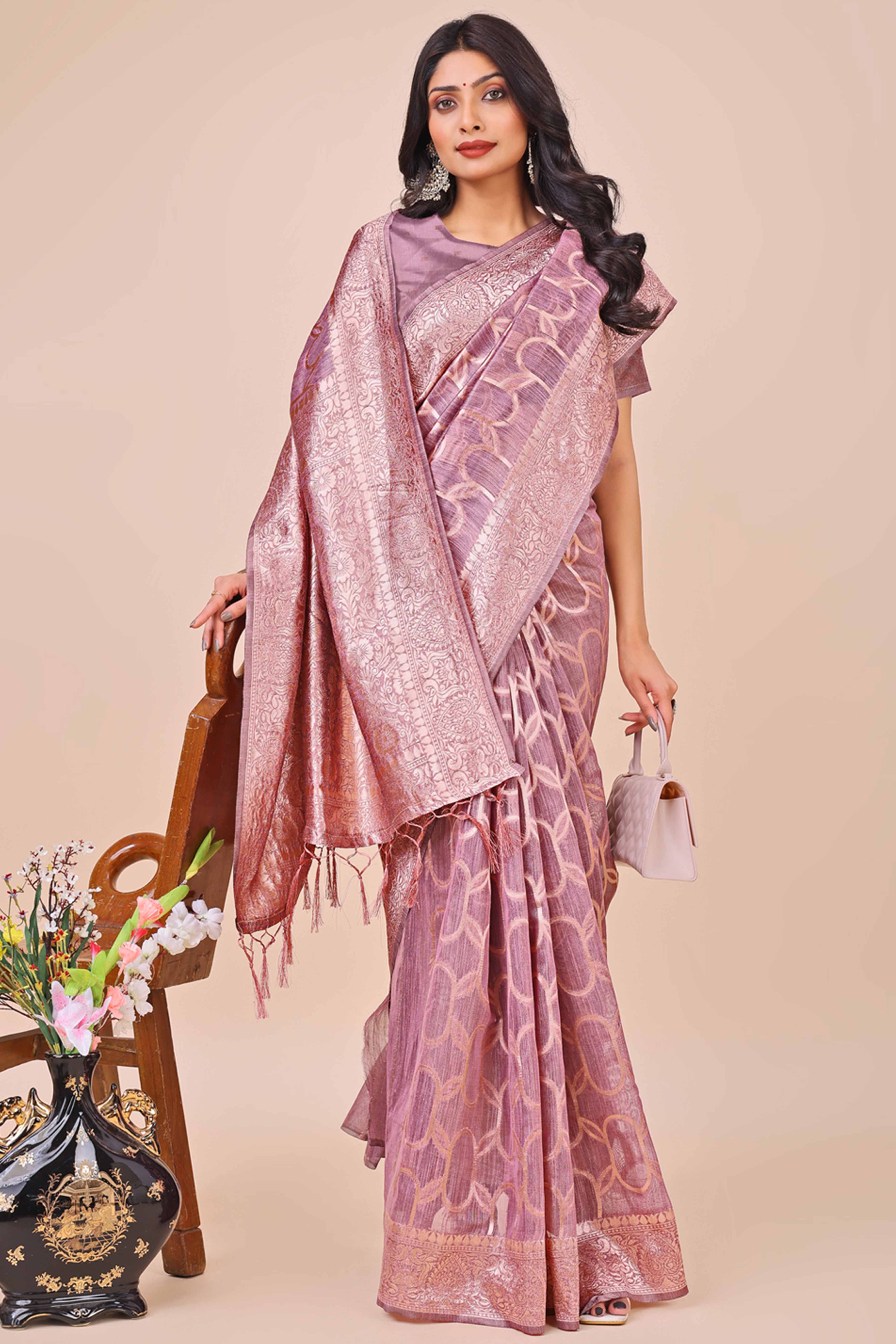 Purple Linen Cotton Saree With Floral Zari Weaving & Delicate Tassel Border