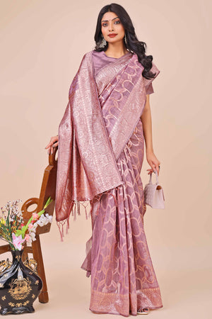 Purple Linen Cotton Saree With Floral Zari Weaving & Delicate Tassel Border