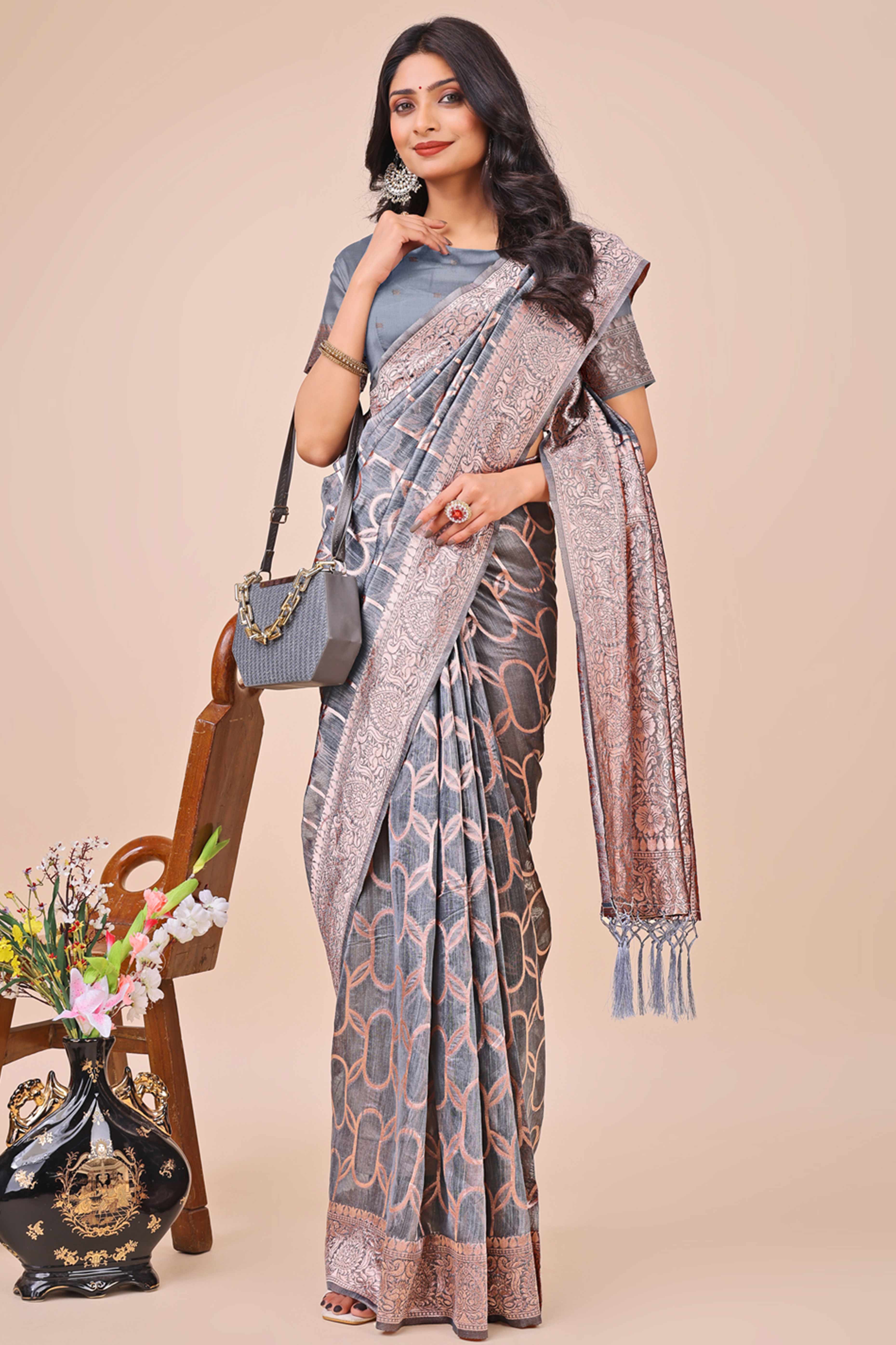 Grey Linen Cotton Saree With Floral Zari Weaving & Delicate Tassel Border