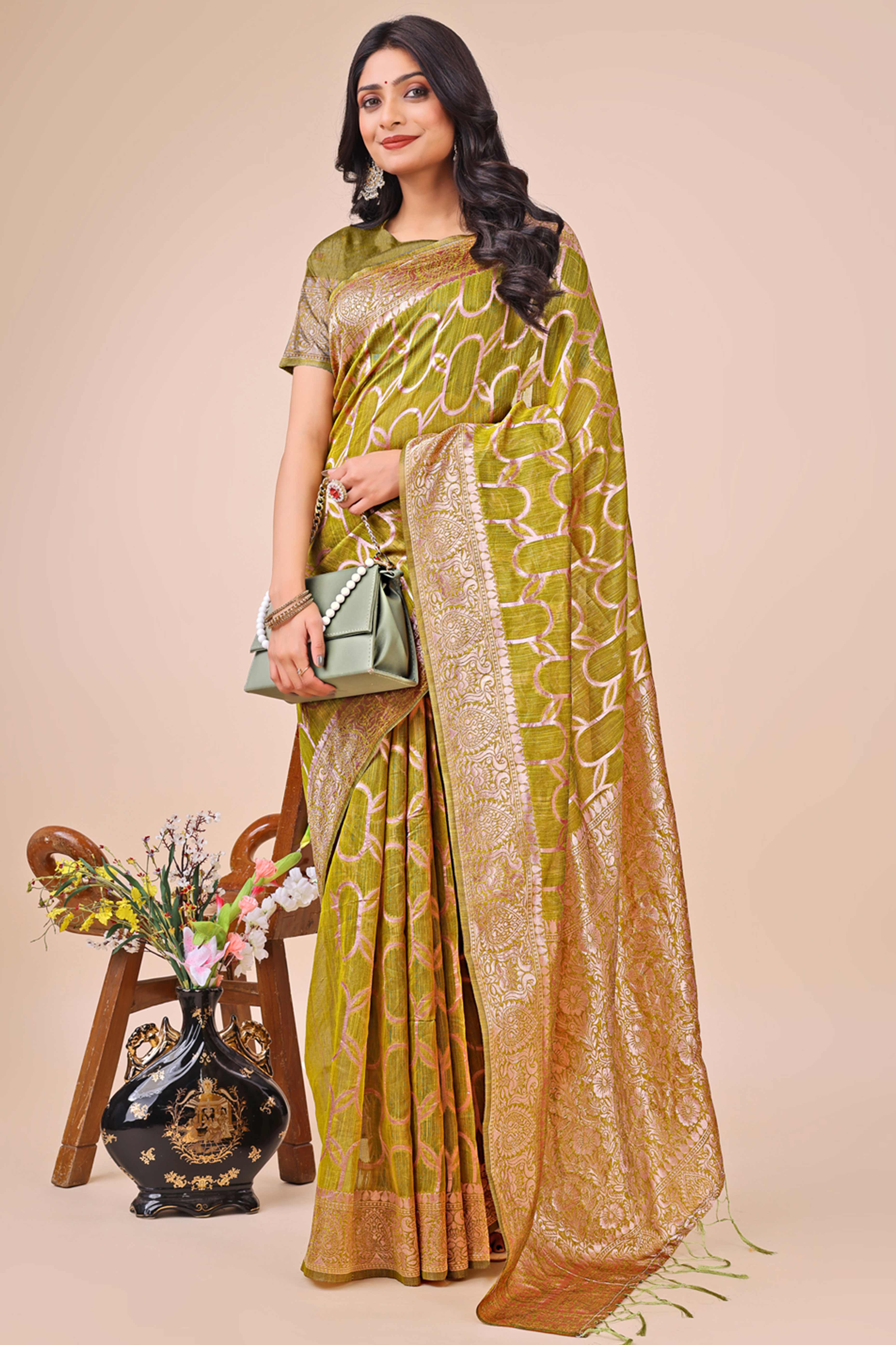 Olive Green Linen Cotton Saree With Floral Zari Weaving & Delicate Tassel Border
