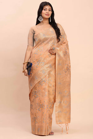 Light Orange Linen Cotton Saree Showcasing Floral Zari Weaves & A Tasselled Finish Pallu