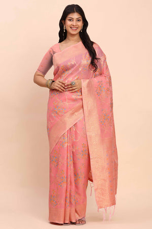 Salmon Pink Linen Cotton Saree Showcasing Floral Zari Weaves & A Tasselled Finish Pallu