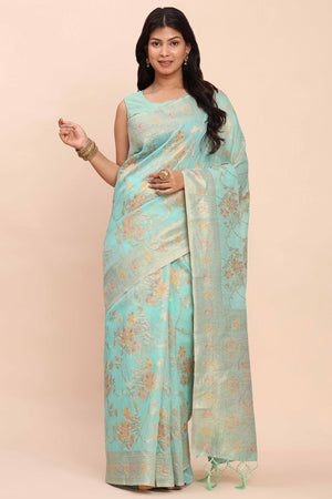 Turquoise Linen Cotton Saree Showcasing Floral Zari Weaves & A Tasselled Finish Pallu