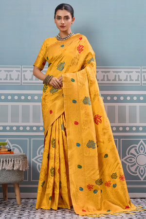 Radiant Yellow Silk Blend Saree Adorned With Intricate Floral Zari Weaving & Tassel Pallu