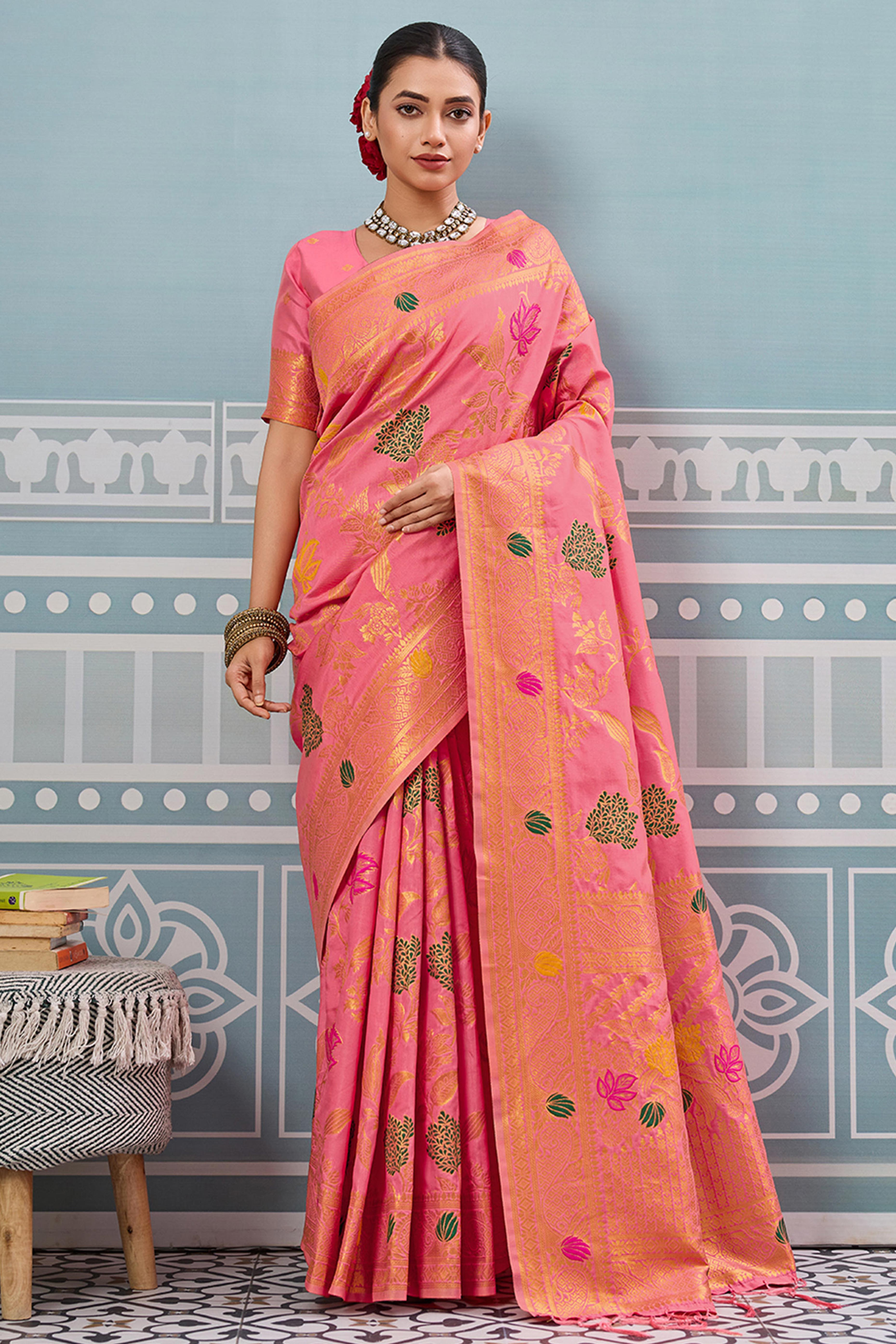 Radiant Pink Silk Blend Saree Adorned With Intricate Floral Zari Weaving & Tassel Pallu