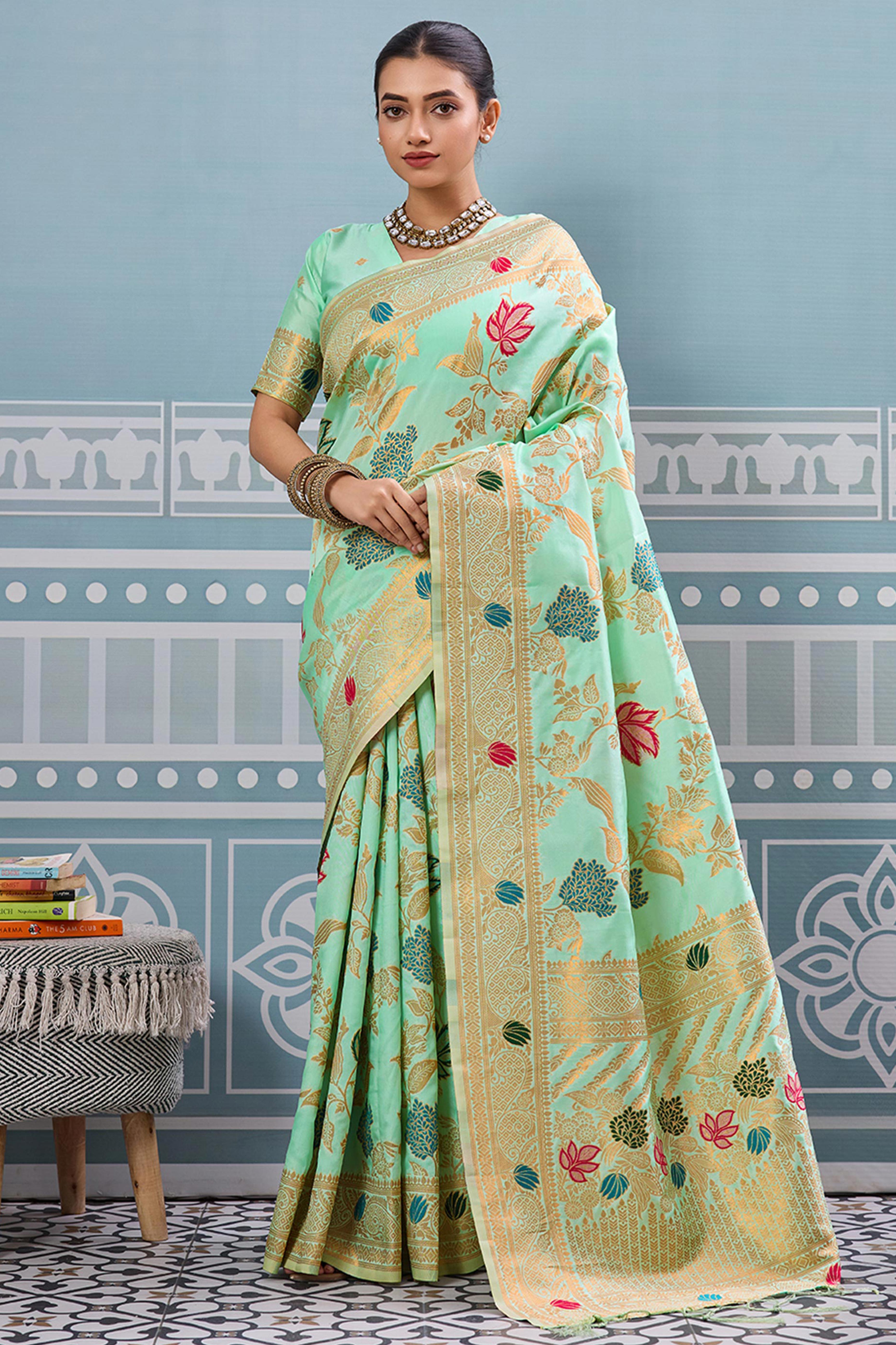 Radiant Sea Green Silk Blend Saree Adorned With Intricate Floral Zari Weaving & Tassel Pallu
