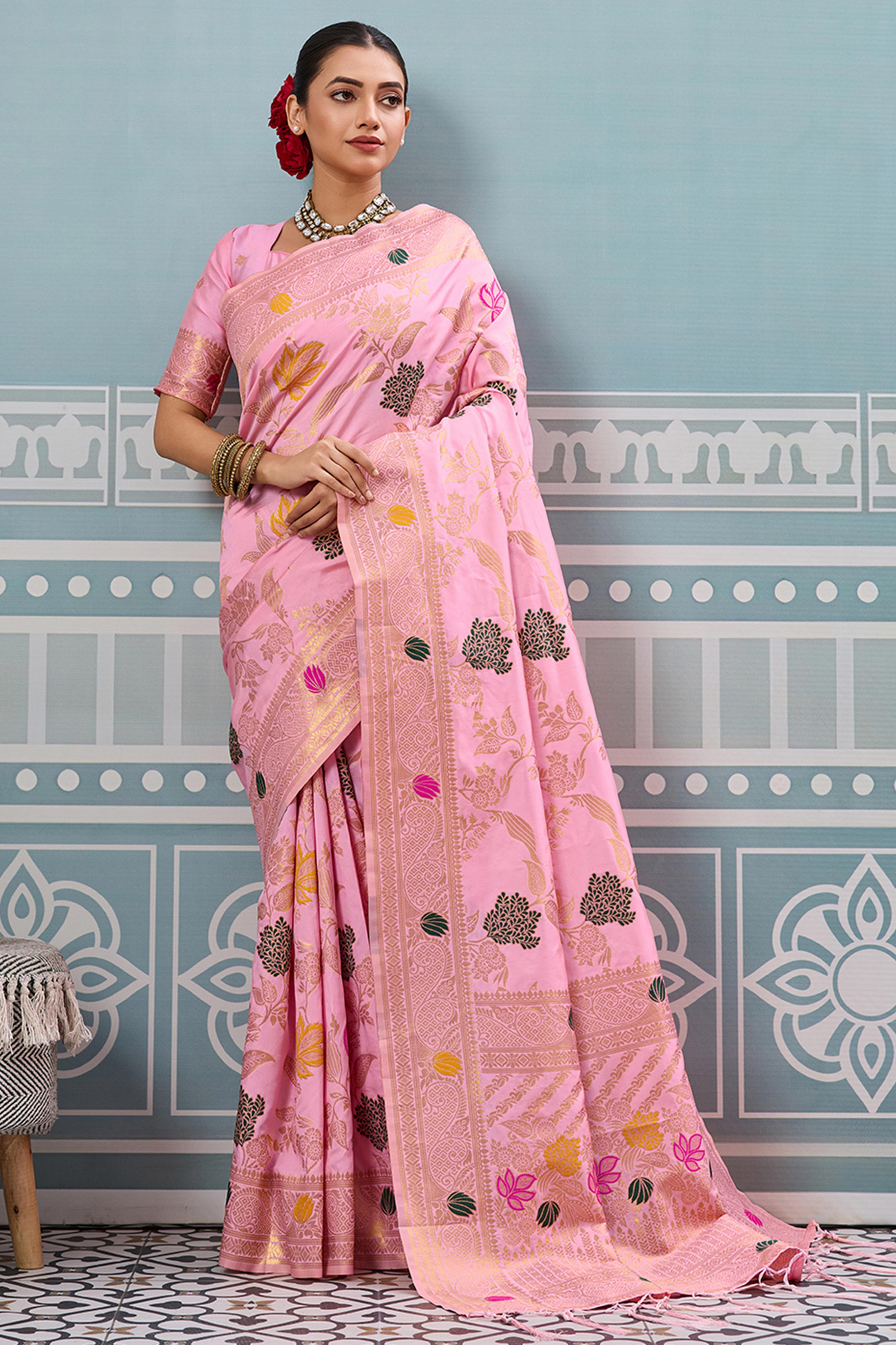 Radiant Light Pink Silk Blend Saree Adorned With Intricate Floral Zari Weaving & Tassel Pallu